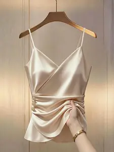 Spring Valentine's Day Women's Fashion Sleeveless Strapless Fitted Top, Plain Solid Cross V-Neck Design, Elegant Button Detail, All Seasons Wear