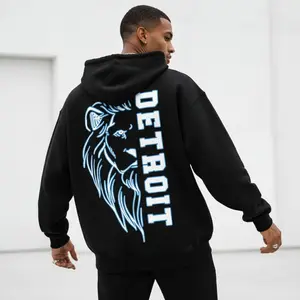 Men's Detroit Lion Graphic Back Print Graphic Hoodie - Cotton Blend Black Long Sleeve Pullover Regular Fit |   Soft & Breathable Fabric, Durable Print, Everyday Comfort, Machine Washable, streetwear urban night street