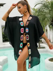 Women's Floral Crochet Hollow Out Semi-sheer Cover Up, Summer Clothes, Casual V Neck Tie Front Batwing Sleeve Split Hem Cover Up, Summer Beach Holiday Swimwear
