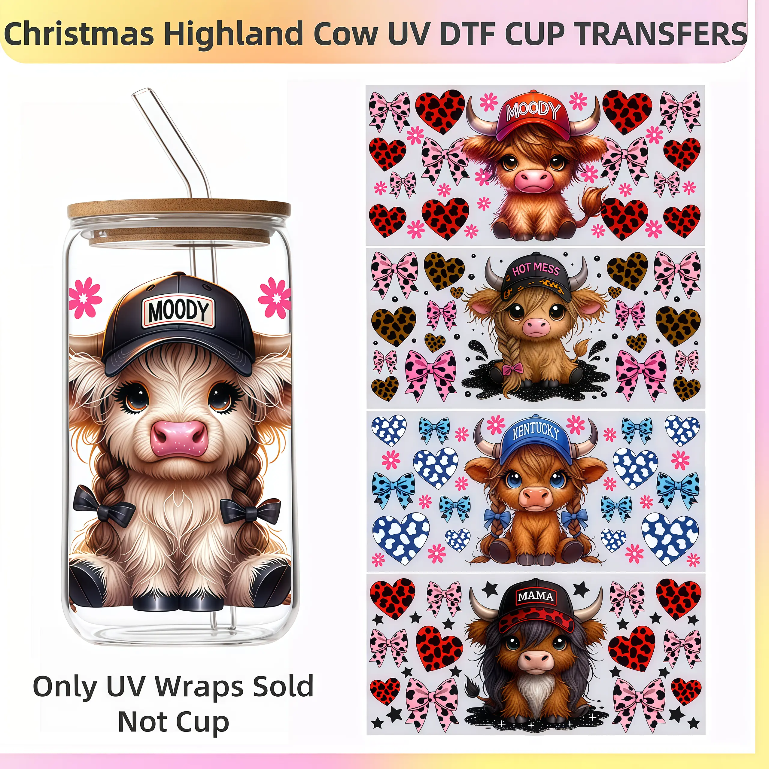 Cute Coquette Highland Cow UV DTF Cup Wrap, Moody Mama Cow Leopard Print Transfer For Glass Can