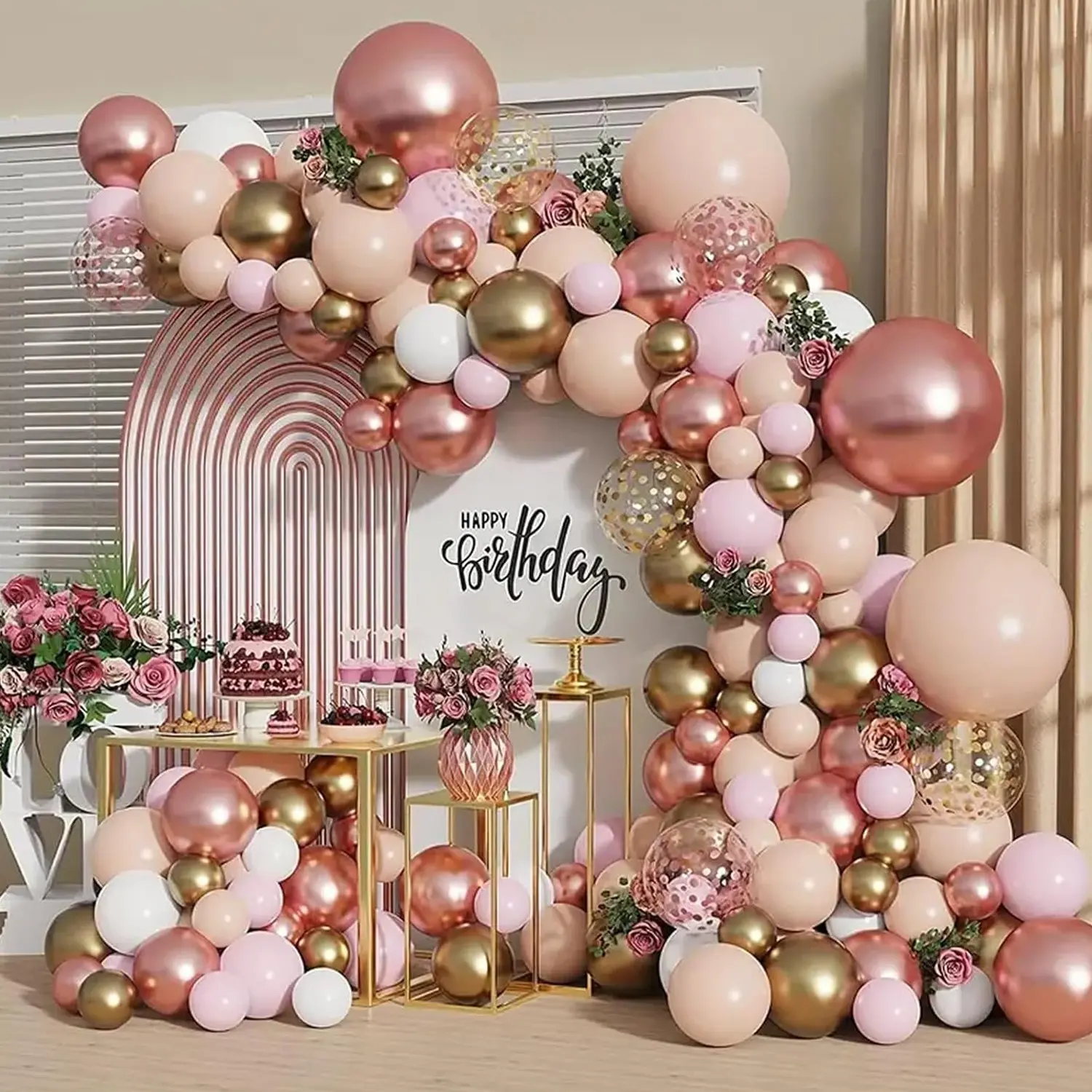 Rose Gold Balloon Garland Set, Nude Metallic Gold Matte Balloons, Golden Rose Gold Sequins for Wedding Bridal Shower New Year Party Girl Birthday Decor, Balloon Party Supplies, Balloon Arch Backdrop Decoration, Balloon Decorations
