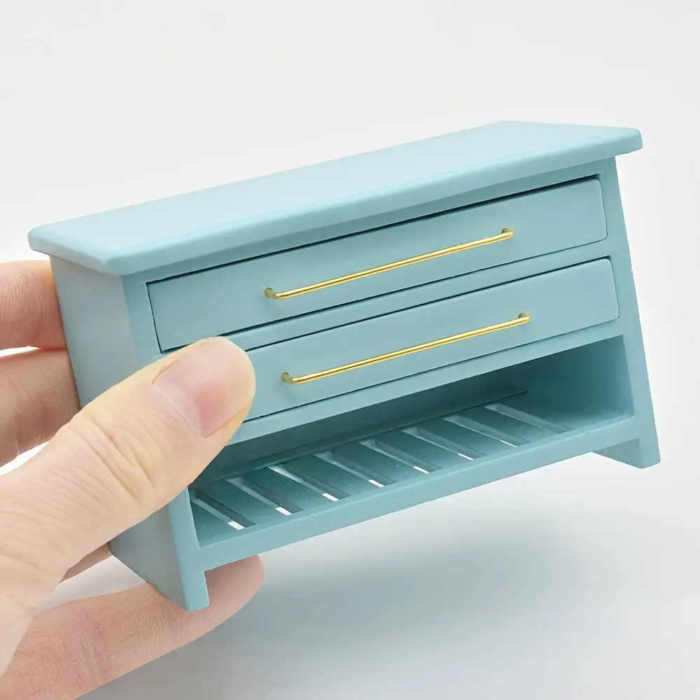 1:12 Scale Dollhouse Bathroom Cabinet Realistic Two Drawer Storage Gold Knobs Solid Birch Wood Vintage Pink Blue Mini Mirror Cabinet for Dollhouse Decor Adult Collector Furniture Compatible Christmas Easter New Year Gift Doll Accessories Gift