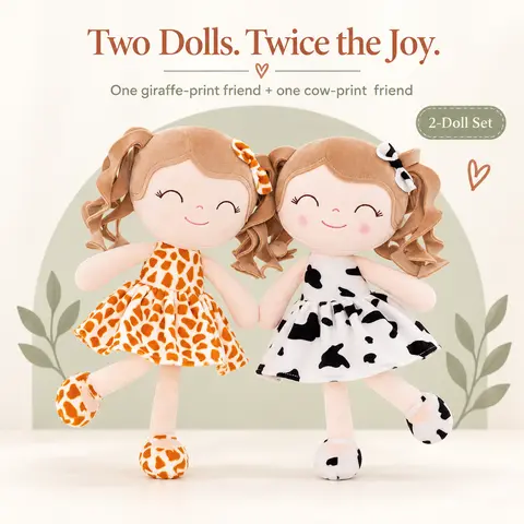 Gloveleya 2PCS Curly Hair Princess Dolls, Soft Plush Stuffed Rag Dolls for Girls 0-6 Years, Ideal 1st 2nd Birthday Gift, Christmas Morning Present & Stocking Stuffer, Cute Animal Print Nursery Decor
