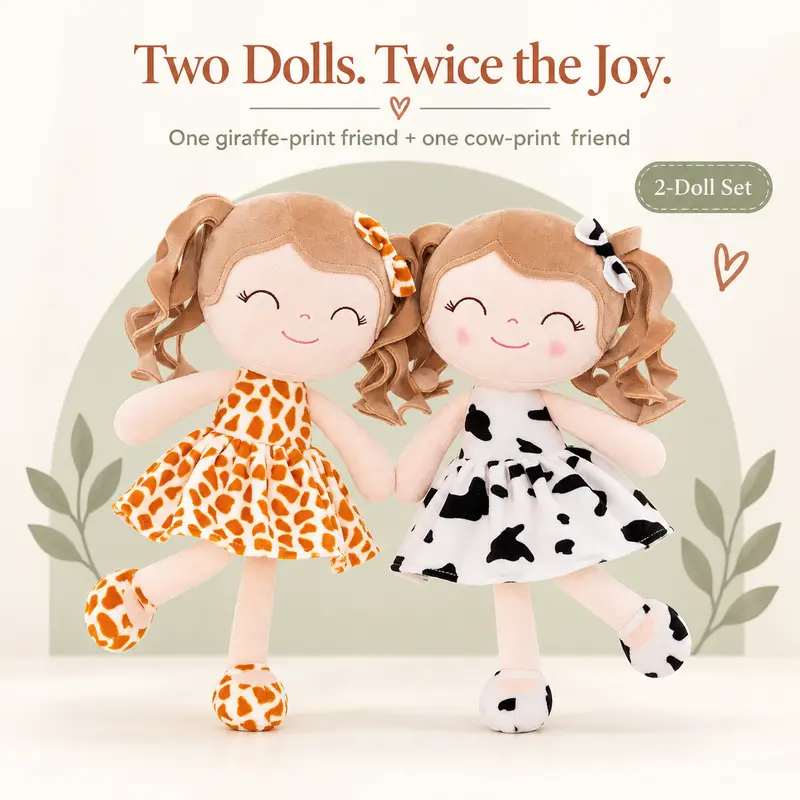 Gloveleya 2PCS Curly Hair Princess Dolls, Soft Plush Stuffed Rag Dolls for Girls 0-6 Years, Ideal 1st 2nd Birthday Gift, Christmas Morning Present & Stocking Stuffer, Cute Animal Print Nursery Decor