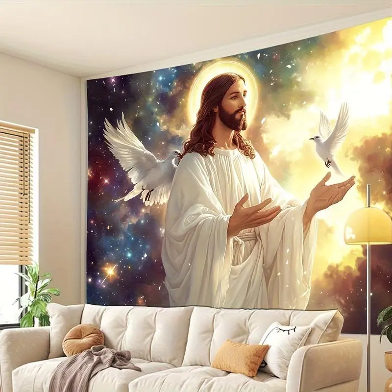 1pc Jesus Tapestry Wall Hanging - Vibrant HD Print 100% Polyester, Machine Washable Indoor/Outdoor Decor for Living Room, Bedroom, Party - Spiritual Home Decor with Jesus & Birds Design, Religious Wall Art