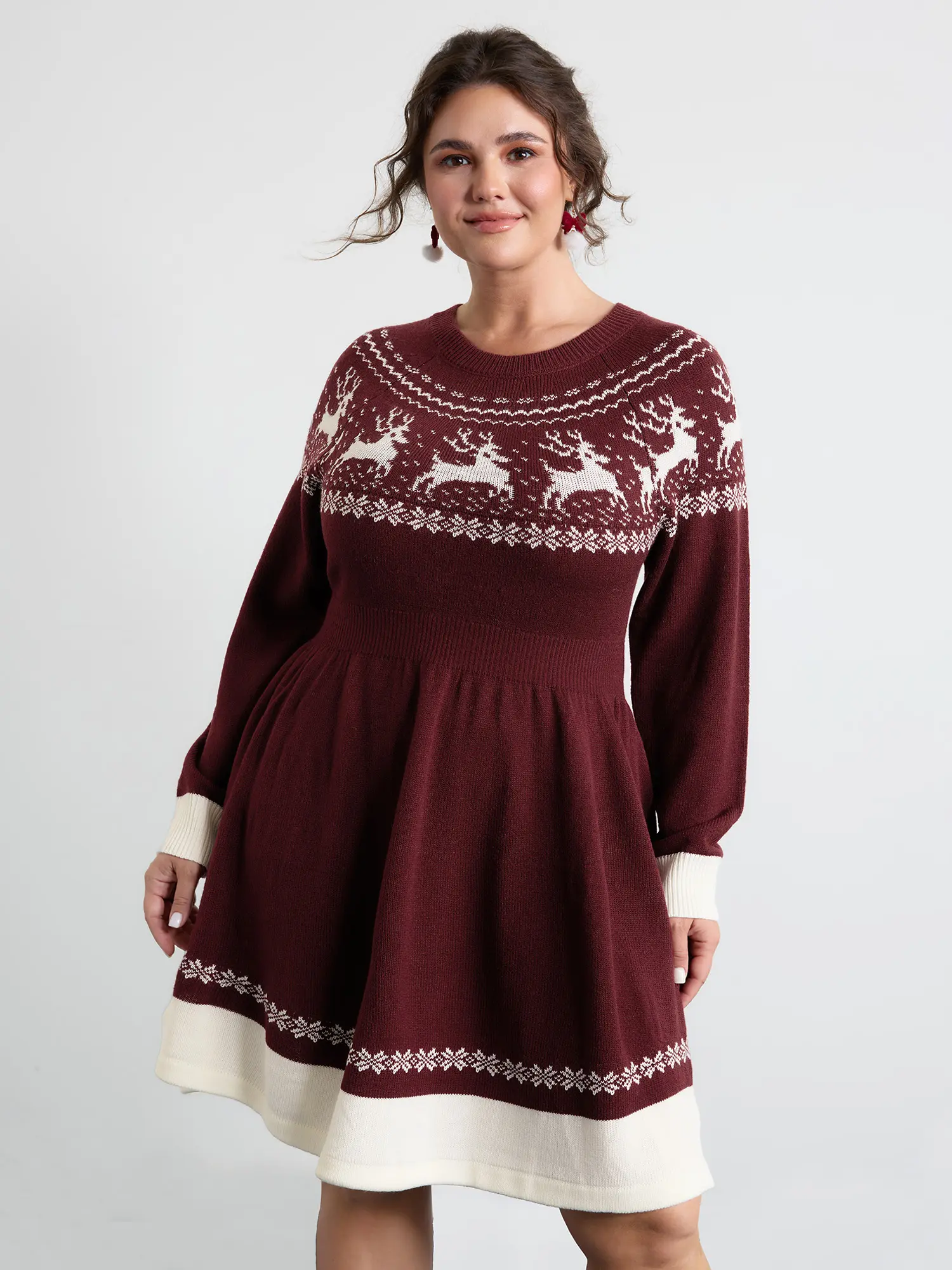 BloomChic Women's Plus Size Christmas Reindeer Sweater Dress [M-6X], Cozy Knit Cinched Waist Bodycon Mini Dress, Holiday Party Outfit