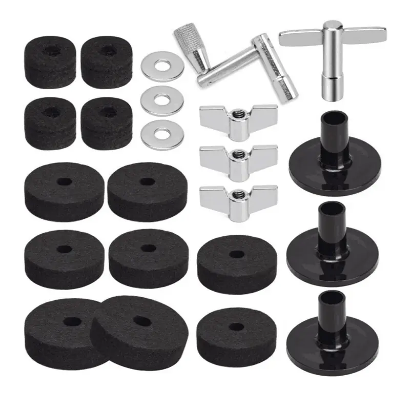 23 Piece Set Of Drum Accessories, grey,Drum Felt Pad Set, Anti Slip Drum Set, 4 Pieces Of & 2.5cm Felt Pads, 6 Pieces Of & 4cm Felt Pads, 2 Pieces Of & 5cm Felt Pads, 3 Disc Nuts, 3 Washers, 3 Sleeves, 1 Z-Shaped Wrench, And 1 T-Shaped Wrench.