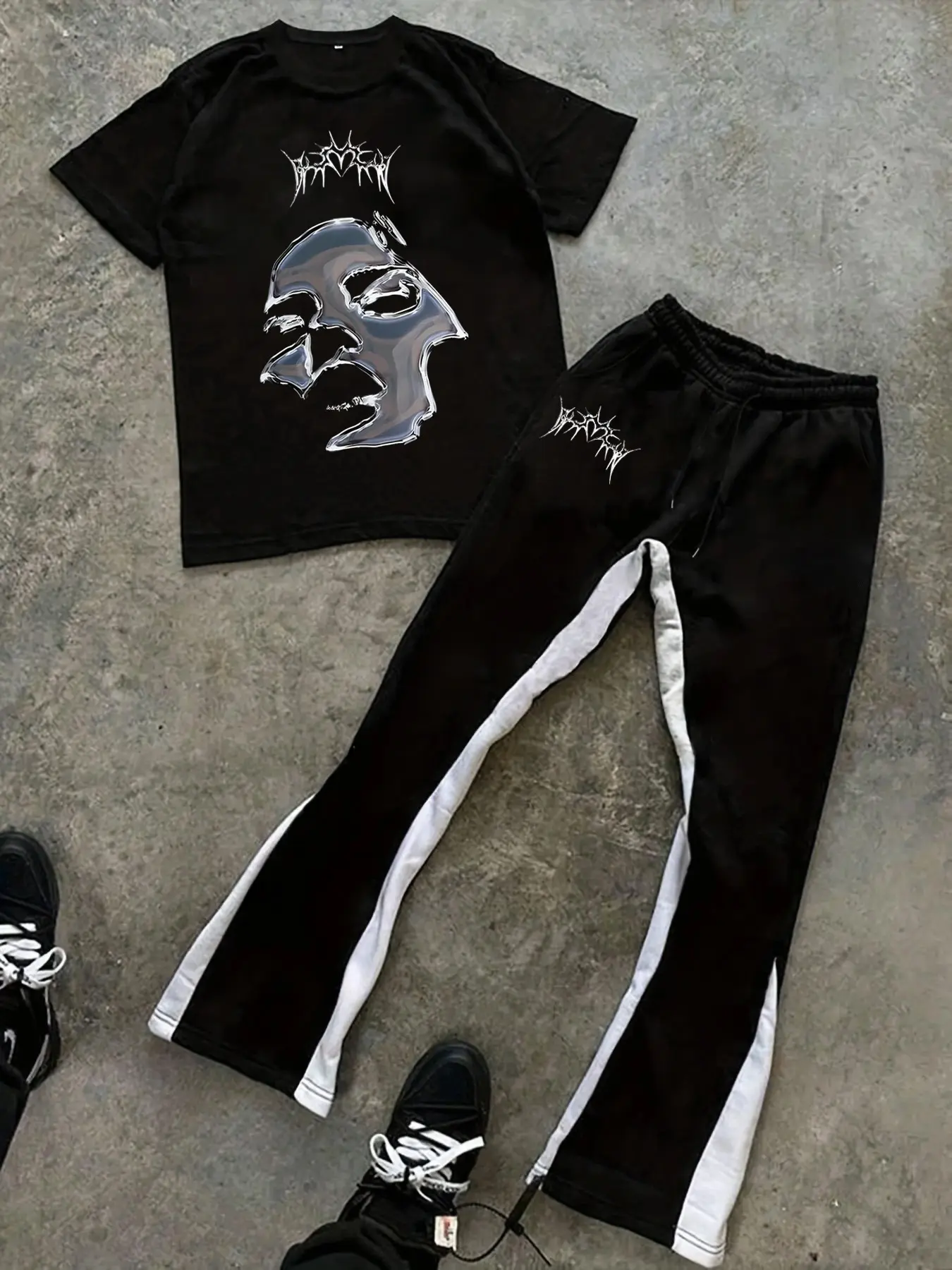 Men's Fashion Casual Two-Piece Set Menswear, Graphic Print Skull Round Neck Short Sleeve T-Shirt and Drawstring Flared Bell Bottom Pants, Spring Summer Sports Wear