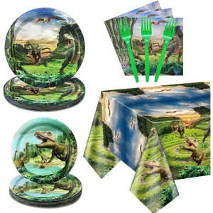 Dinosaur Birthday Decorations - 81Pcs Dinosaur Paper Tableware Set Including Plate, Napkins, Dino Tablecloth for Kids Boys Birthday Supplies, Serve 20