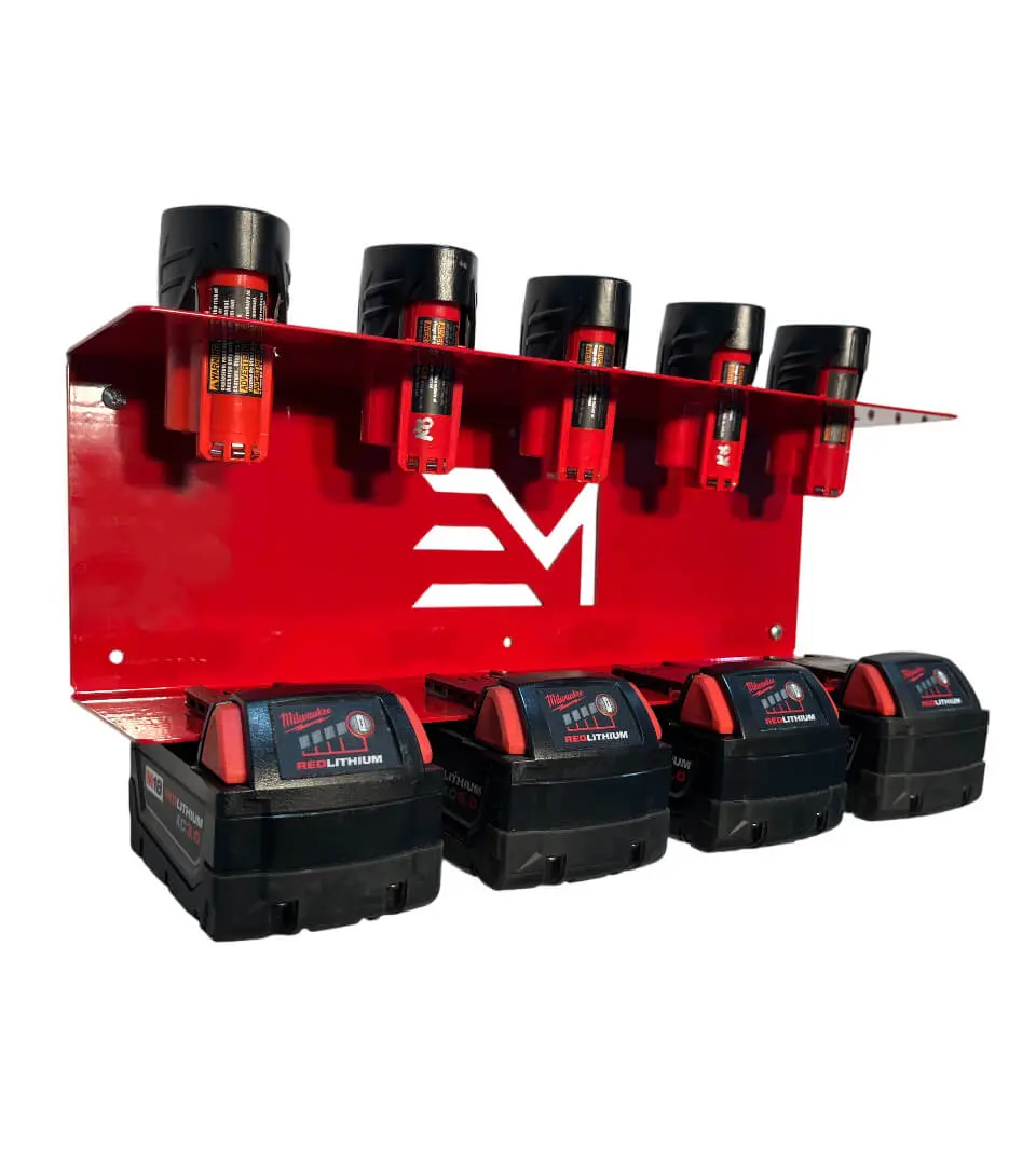 Battery Holder - Compatible with Milwuakee 12v,18v Batteries Holds 9 Batteries Gloss Red Powder Coated Heavy Duty Steel USA Made Wall Mountable 16x4 Inches