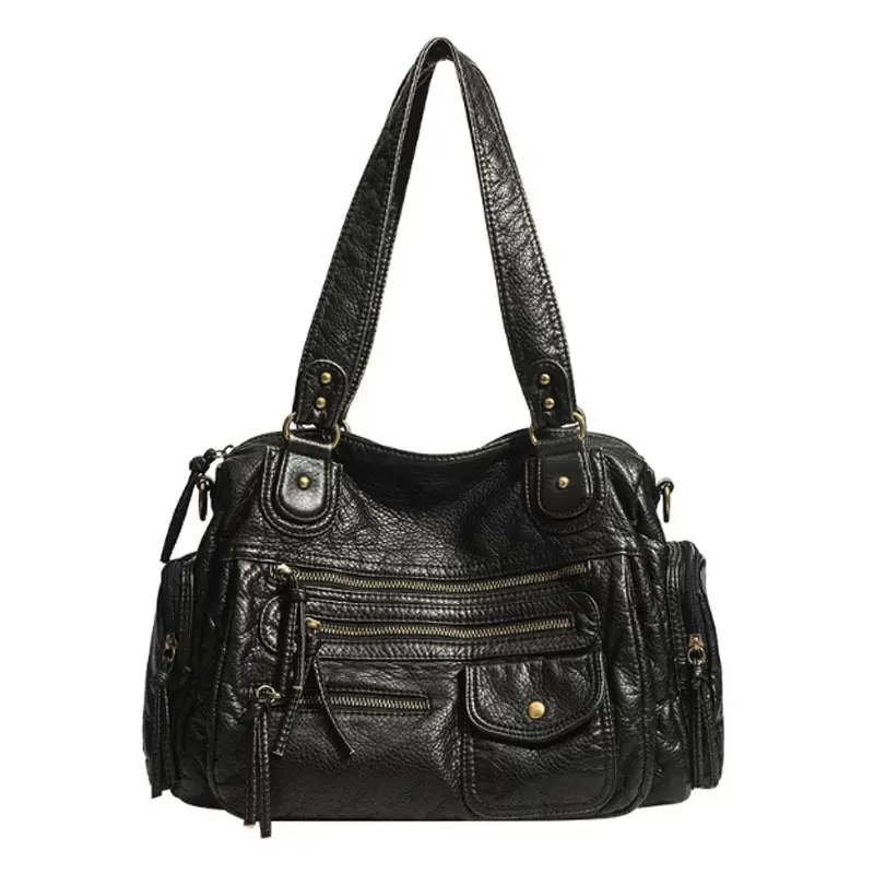 Y2K Vintage Biker Shoulder Bag for Women, Multi Pocket Washed Leather Look Tote Purse, Large Capacity Crossbody Handbag