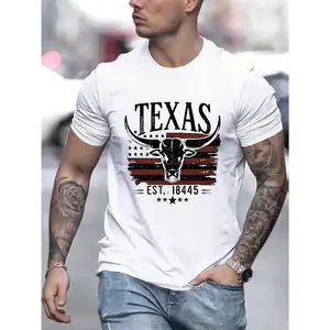 Texas Longhorn Flag Graphic T-Shirt, Vintage Western Print Tee, Slim Fit Crew Neck Shirt, Texas Pride Casual Short Sleeve Top, Trendy Cowboy Aesthetic Cotton Tee for Lone Star State Fans, Western Style Enthusiasts and Patriotic Texans