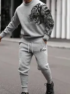 Men's New Fall Winter Round Neck Tiger Print Sweatshirt Pants Set, Fashion Streetwear, Warm Fitted Long Sleeve