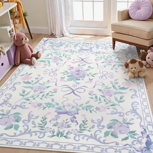 French Lavender Floral Area Rug Indoor Carpet for Living Room and Bedroom, Plush Anti-Slip Soft Mat, Child and Pet Friendly, and Foldable, Floral Washable Rug, Living Room Rugs