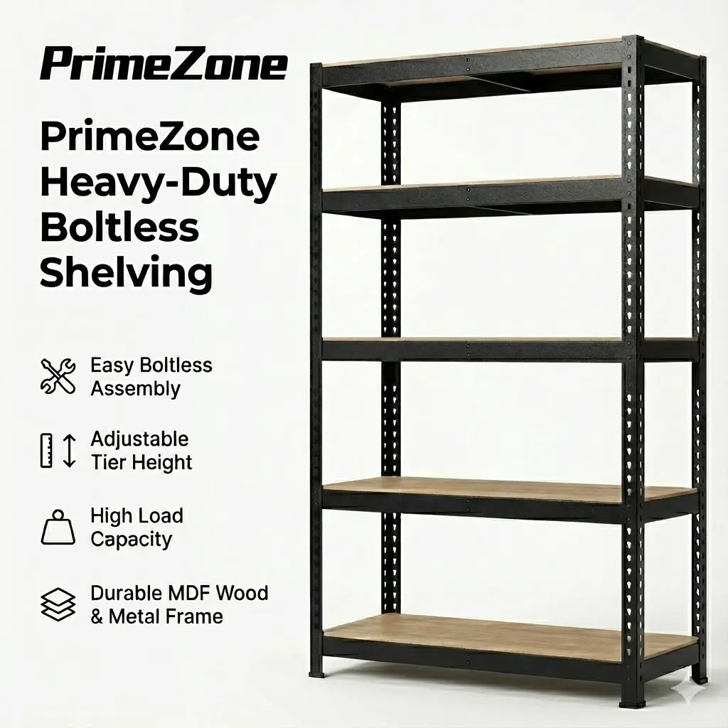 PrimeZone Premium Heavy-Duty Boltless Storage Shelf Organiser - 10-Min Setup, Split-Mount Design, 3000LBS Capacity, Durable MDF & Metal Frame, Adjustable Heights, Multiple Sizes for Garage, Durable Holder Rack, Closet Storage Rack