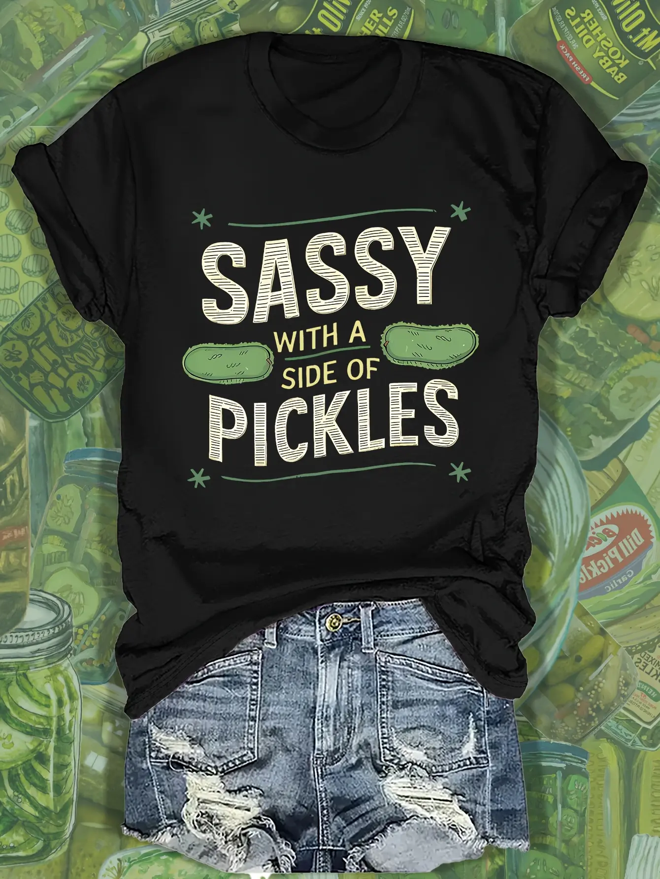 Playful Pickled Cucumber Print T-Shirt| Short Sleeve Crew Neck Casual Top for Women, Spring & Summer, Regular Length