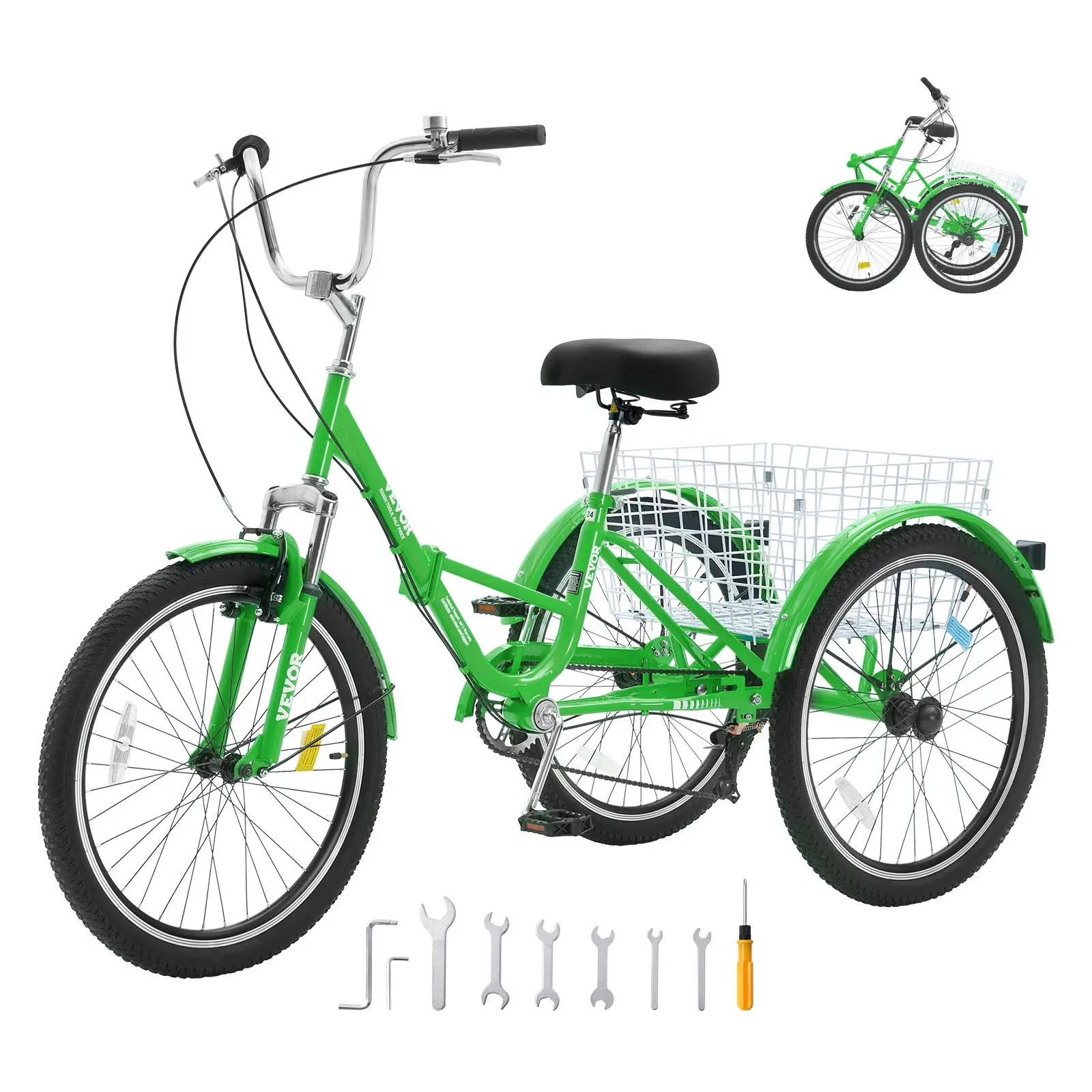 VEVOR 7-Speed Folding Adult 3-Wheel Cruiser Bike, 24-Inch Carbon Steel 3-Wheel Folding Bike with Basket, Adjustable Seat & Mudguards, Foldable for Shopping & Picnic (Green), 7-Speed Folding Bikes