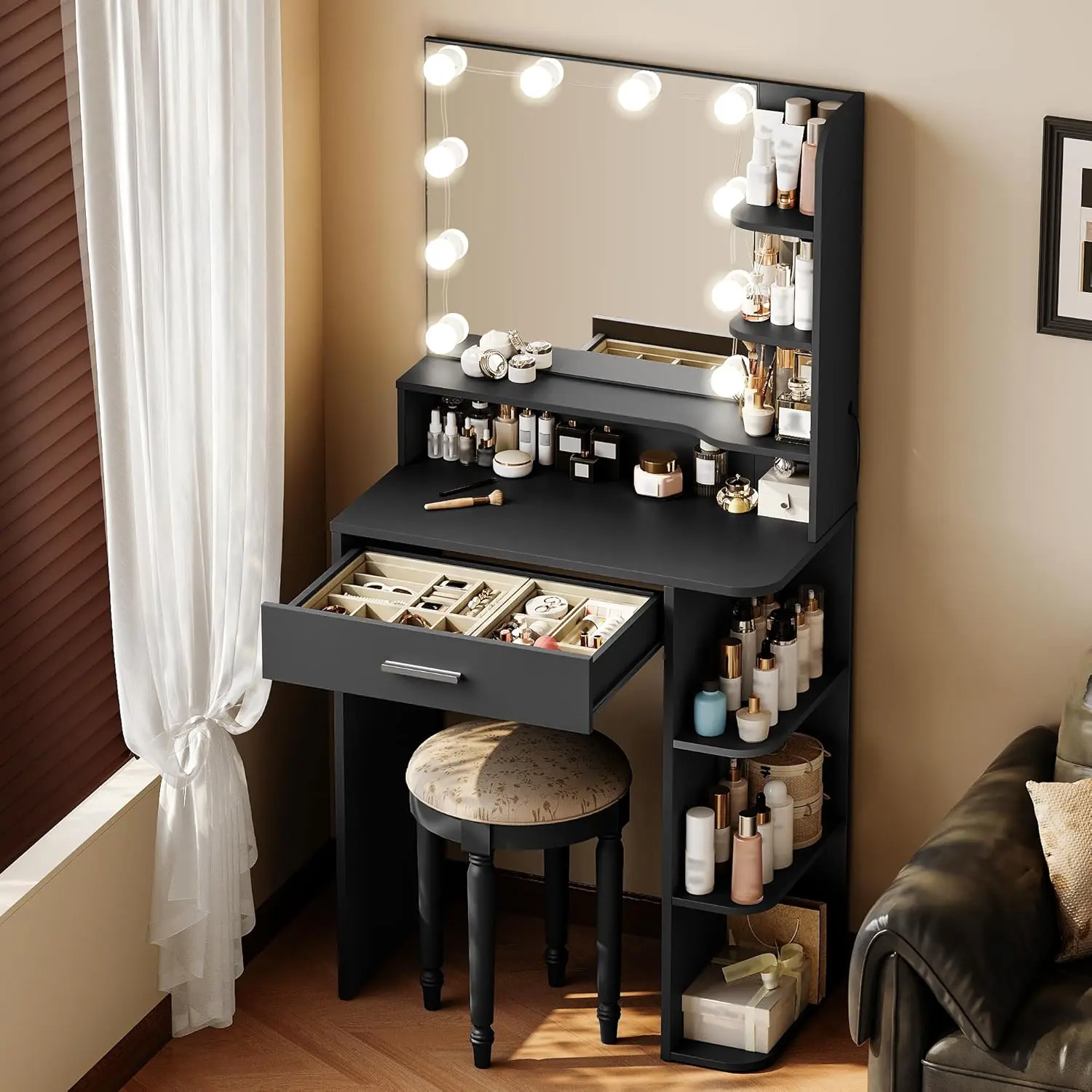 26.4''W Vanity Set, LED Makeup Mirror with 3 Color Lighting Modes, 6-Tier Shelves with Storage Drawer, Built-in Power Outlet & Hair Dryer Holder, Space Saver, Perfect for Bedrooms, Apartments, Ideal Gift Choice for girl deskmakeover