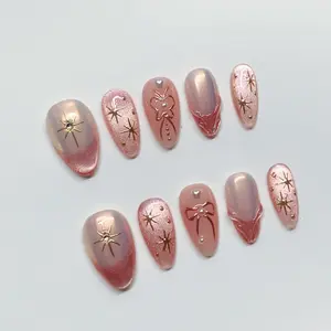[RosyMoon] Short Almond Handmade Press on Nails, Fake Nails with Nail tool kit with Jelly Stickers, Reusable, Durable