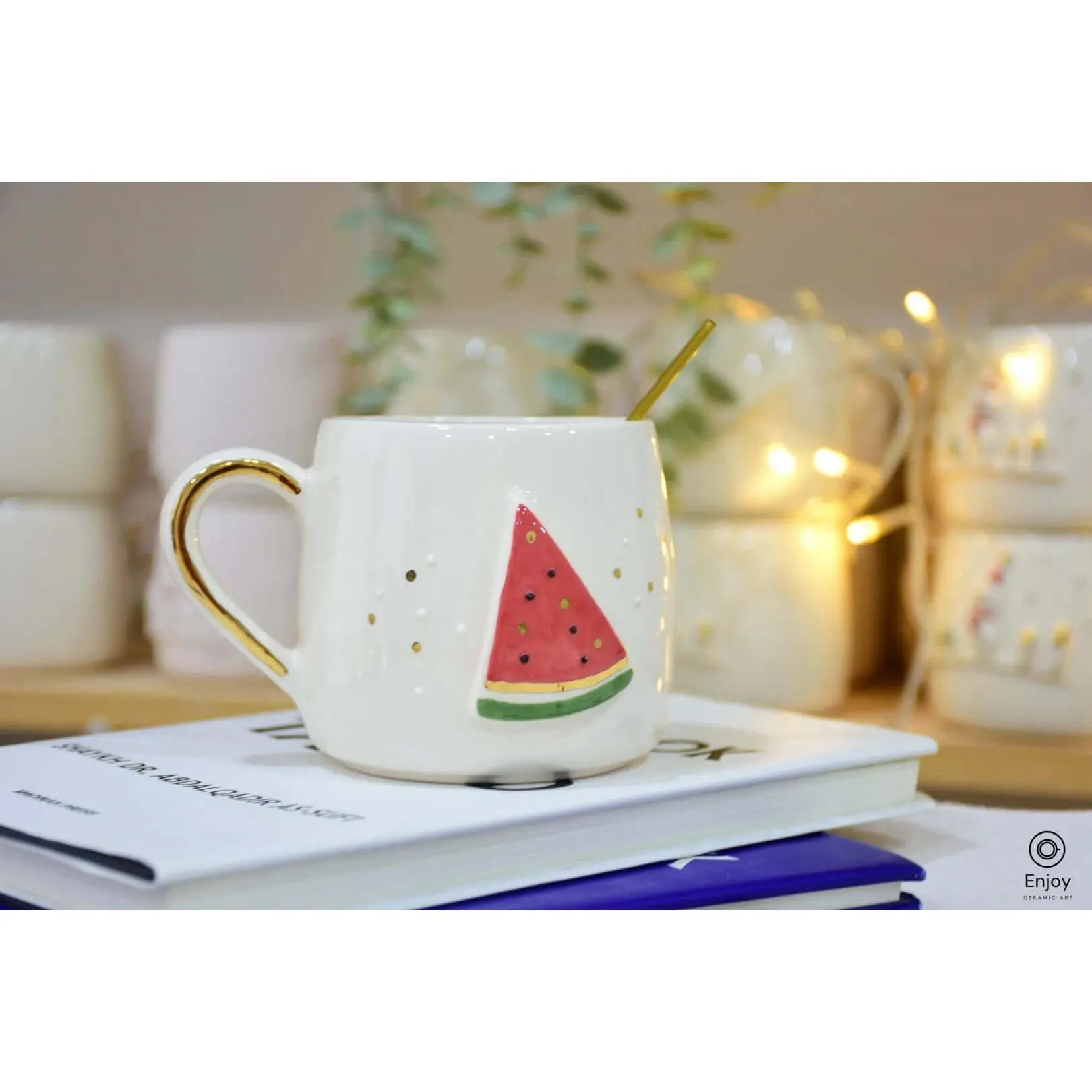 Handcrafted Watermelon Mug with Gold Handle – Summer Vibes