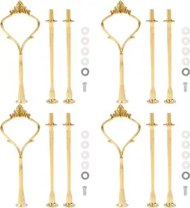 Gukasxi 4 Sets of 3 Tier Cake Stand Hardware, 2 Styles Golden Tiered Fruit Dessert Serving Tray with Handle, Cupcake Plate Fitting Holder