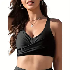 Womens Bikini Tops Twist Front V Neck Push Up Padded Bathing Suit Tops with Fixed Wide Straps Swimsuit Top Only
