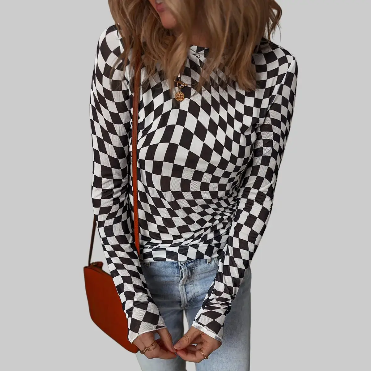 Dear-Lover Women's Stretchy Checkered Mesh Mock Neck Long-Sleeve Blouse, Slim-Fitting Elastane Polyester Comfortable Top, Casual Everyday Wholesale Long Sleeve Tops lc25226716-p220, Tops For Women