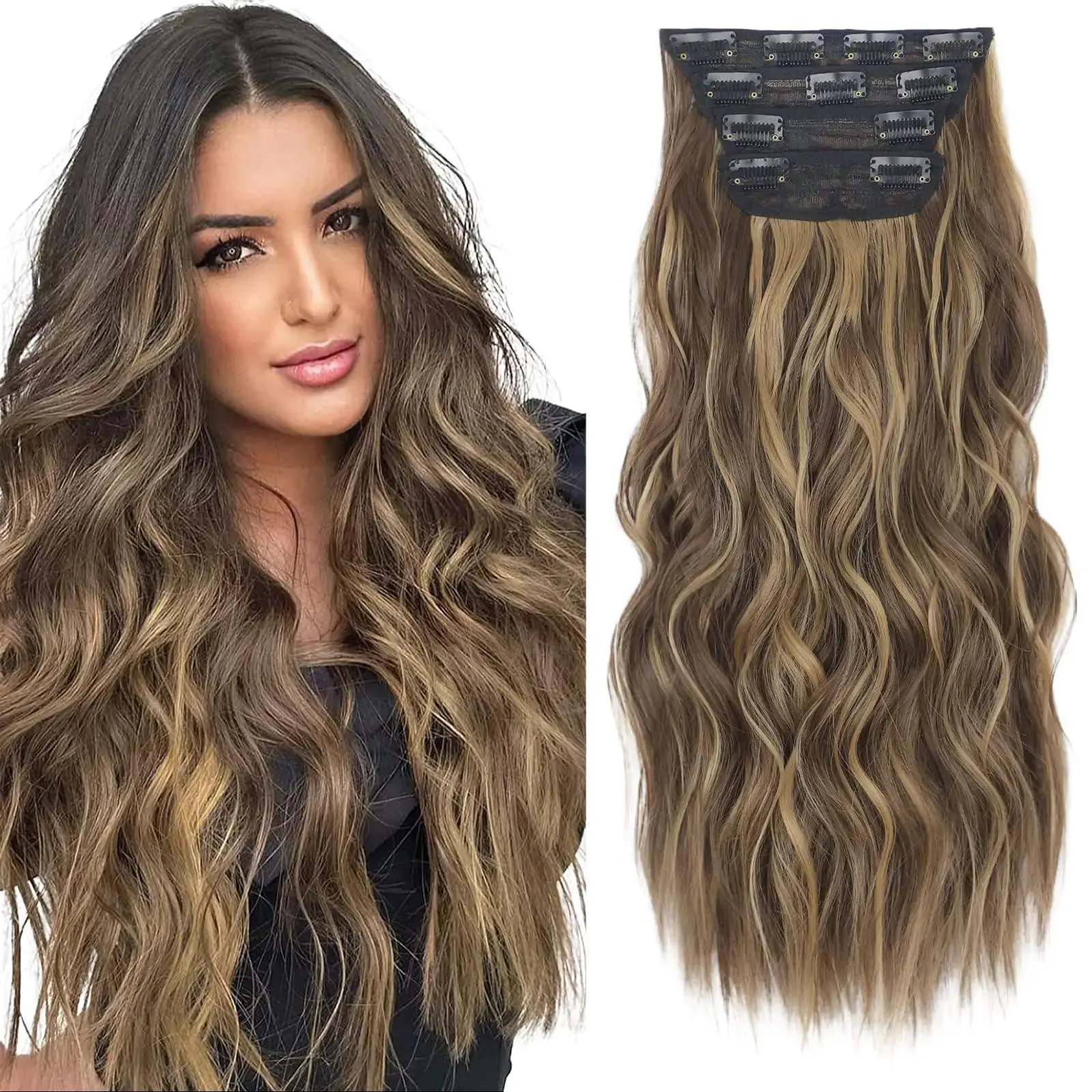 Women's 20-Inch Water Wave Clip In Hair Extensions, 4-Piece Glueless Synthetic Extensions & Pieces with Glueless Clips for Realistic Thick Volume, Instant Length + Small Gifts, Hair Extensions Clip In