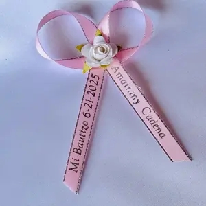 Personalized Ribbons for Quinceañera, Wedding, & Baby Shower Favors - Elegant Green Pack 24 to 100pcs with White Flower Accent