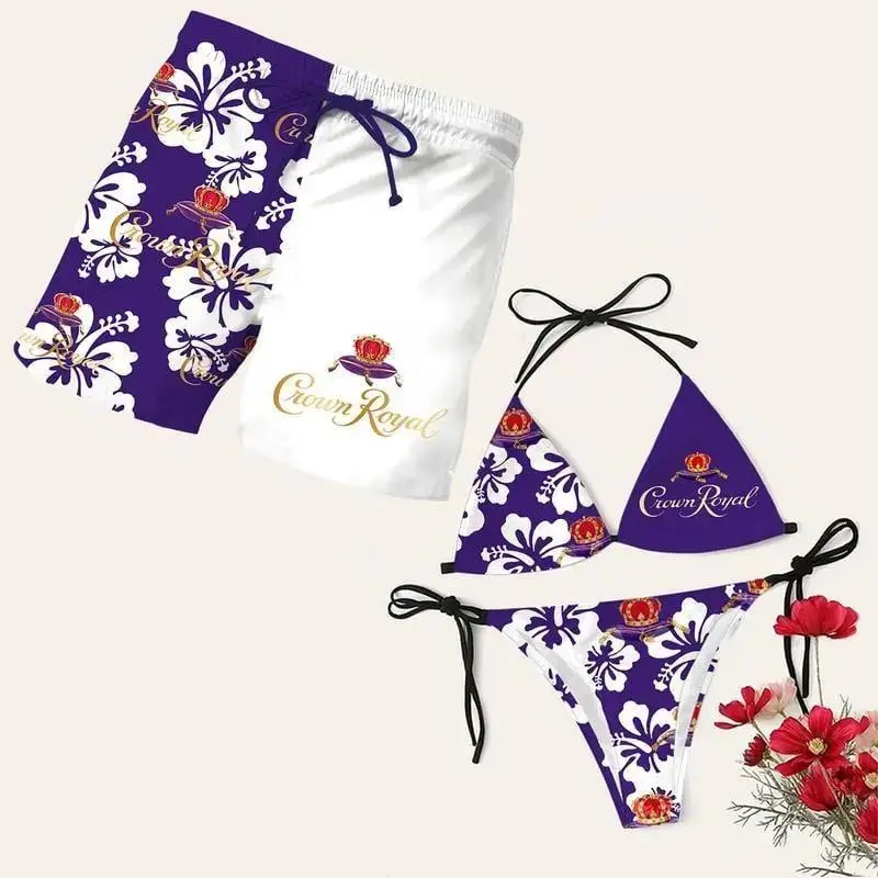 Matching Crown Royal Floral Swimsuits for Couples – Swim Bra & Tie Side Thong Bikini + Men's Beach Shorts, Summer Vacation Swimsuit, Hawaiian Shirt Style, Aloha Beach Outfit, Casual Holiday Bathing Suits, Menswear & Womenswear