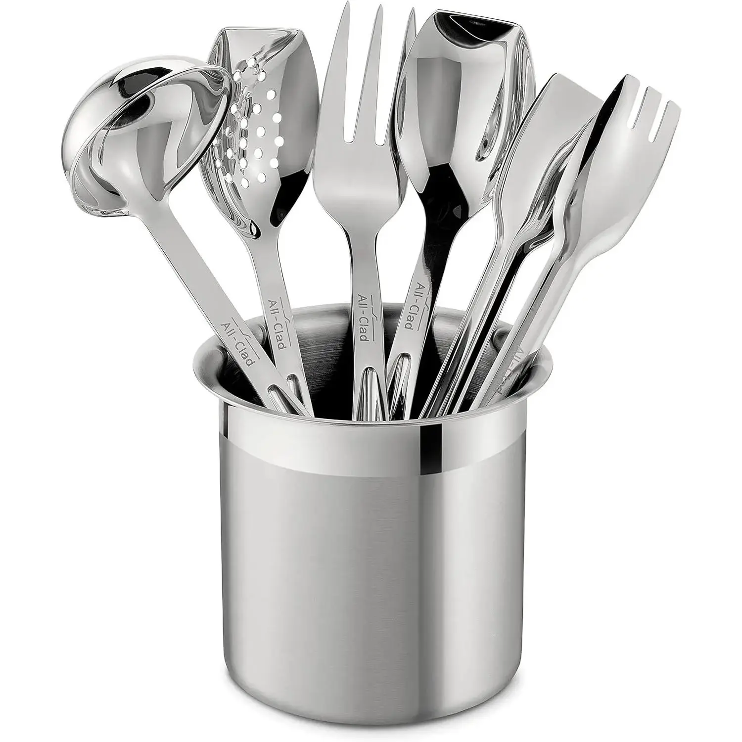 All-Clad Specialty Stainless Steel 5-Piece Kitchen Gadget Set - Utensils, Hanging Caddy, Slotted Spoon, Ergonomic Handles, Mirror Polish