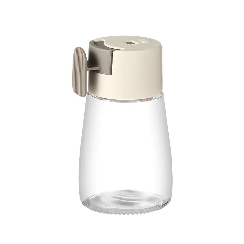 Modern Press-Type Salt Dispenser Jar with Glass Body, Sealed Cone Shape and Measuring Button