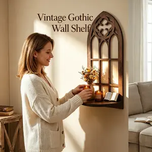Gothic Cathedral Window Wooden Wall Shelf, 14in Tall Space-Saving Floating Altar Rack with Light, Vintage Home Decor Shelves for Candles & Plants, Ideal Gift for Witchy Aesthetic Room