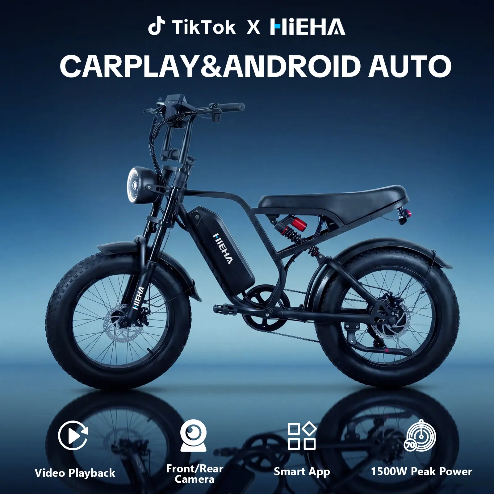 【HiEHA】  All Terrain  Electric EBike with Carplay & Android Auto, Smart App, Front and Backup Camera,   1500W Peak Power 34MPH Max Speed 40-70 Miles Range Full Suspension 20"×4.0" Fat Tires 48V 15AH Removable Battery  E Bikes for Adults Men Sale