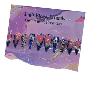 Jan's Blessed Hands Custom Made Press Ons Pink Blue & Silver Bling Junk Nails with 3D Design French Tip Personalized Nail Art Set Long Stiletto Shape Fully Customizable for Any Occasion