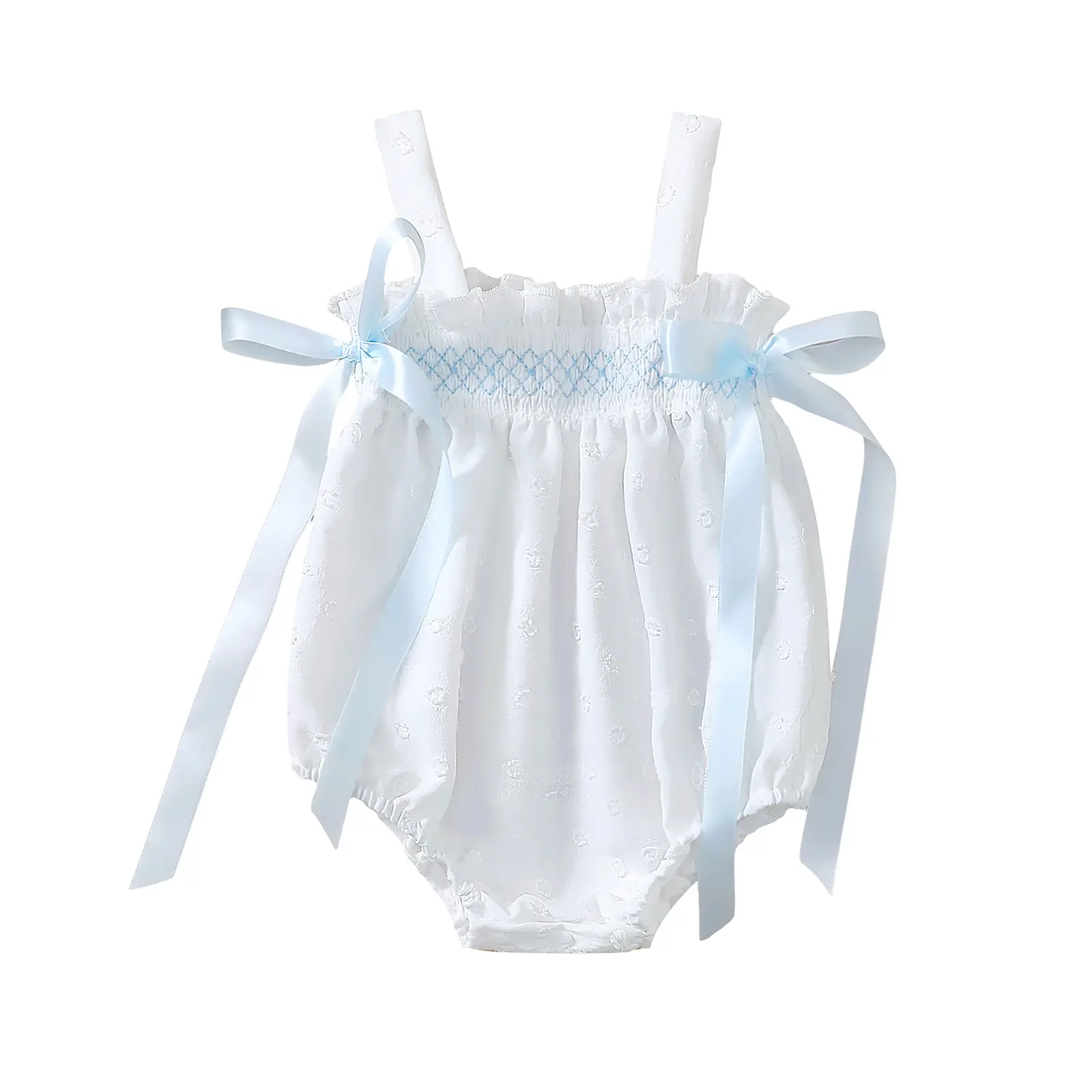 Baby Girl Summer Romper Floral Jacquard Sleeveless Suspender Romper with Satin Bow Baby Girl Summer Romper Floral Jacquard Sleeveless Suspender Romper with Satin Bow