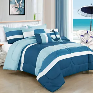 6-Piece Coastal Comforter Set – Navy Blue & Light Blue Nautical Bedding with Decorative Pillows, Boys Bedroom Set – Queen, King, Cal King