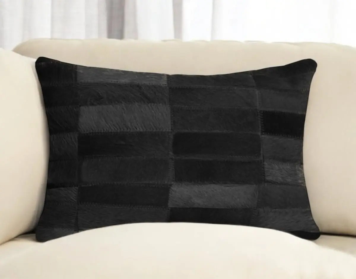 HomeRoots 544620 Handcrafted Leather Lumbar Throw Pillow, 12x20 in, Black Patchwork Cowhide, Low Back Pain Aid for Living Room Decor