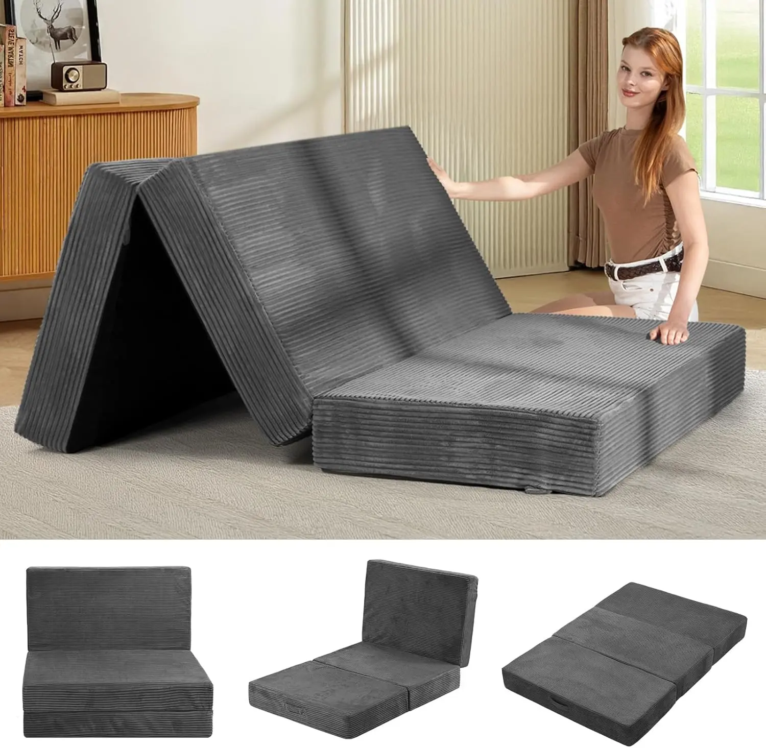 6-Inch Tri-Folding Mattress Full Size - Foldable Futon Sofa Bed with Removable Washable Cover, Folding Mattress | Non-Slip Bottom & Carry Handles for Guest, Camping, Dorm