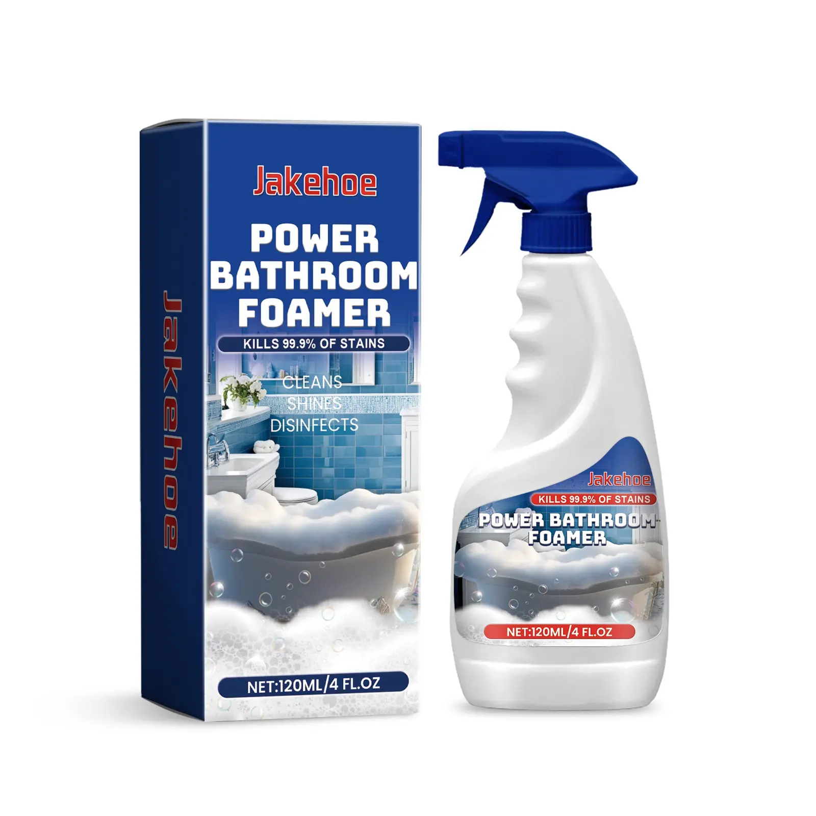 Jakehoe Power Bathroom Foam Cleaner Spray - 120ml All-Purpose Household Foamer, Kills Stains, Easy to Clean, Shine Enhancing, Disinfects Bathtubs, All-Purpose Cleaner