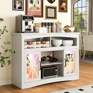 Royalcraft L 47'' Farmhouse TV Stand, Retro TV Console with Glass Doors & LED Lights, Media Entertainment Center with Adjustable Shelves for 18'' Fireplace, Suitable for Living Room, Kitchen