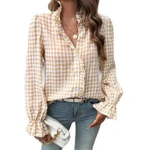 ZAFUL Women's Stylish Gingham Button- Shirt - Long Sleeve, Ruffle Detail, Light Blue & White Checkered Pattern, Professional Business Look, Machine Washable, ZAFUL Top Womenswear Blouse Cardigan