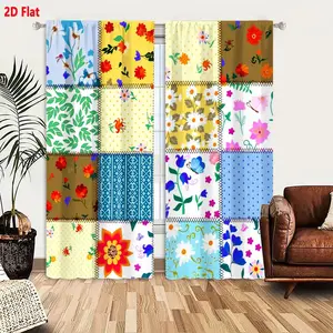 2D Flat 2 Pieces Colorful Patchwork Quilt Style Curtains, 9 Panel Floral Patterned Window Curtains with White Stitching, Vibrant Light Blue Yellow Green Brown Panels for Living Room Bedroom Decor
