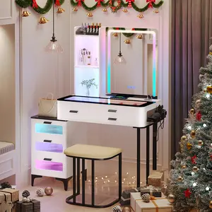 MIU Vanity with Mirror and LED Lights, Glass Top Vanity Desk with Charging Station(Wireless+USB+Type-C), RGB Makeup Table Set with Stool/Makeup Organizer/6 Drawers