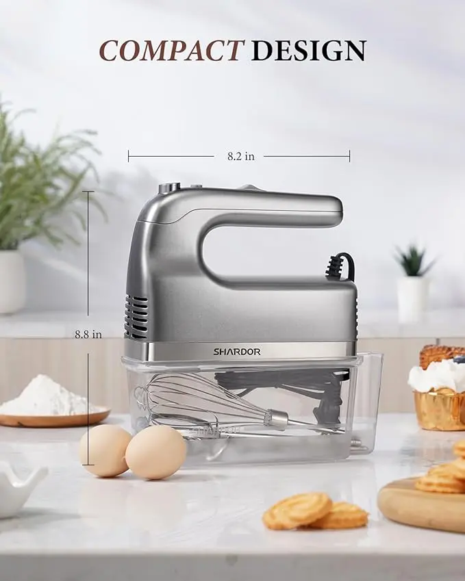 SHARDOR 450W Handheld Electric Kitchen Mixer - 5-Speed + Turbo Boost Speed Control, 120V Plug, 1-Year Free After-Sales Service, Storage Case, 5 Stainless Steel Attachments (2 Beaters, 2 Dough Hooks, 1 Whisk), Silver Household Appliance, 450W Motor