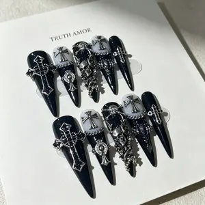 TRUTH AMOR Viral Gothic Subculture Press-On Nails | Black-Blue Cross Rhinestone Statement Removable Handmade Nails | TikTok Trending Subculture Party Outfit Nails Nail Art Design Diy Nails Square Nails Stylish Acrylic Nails