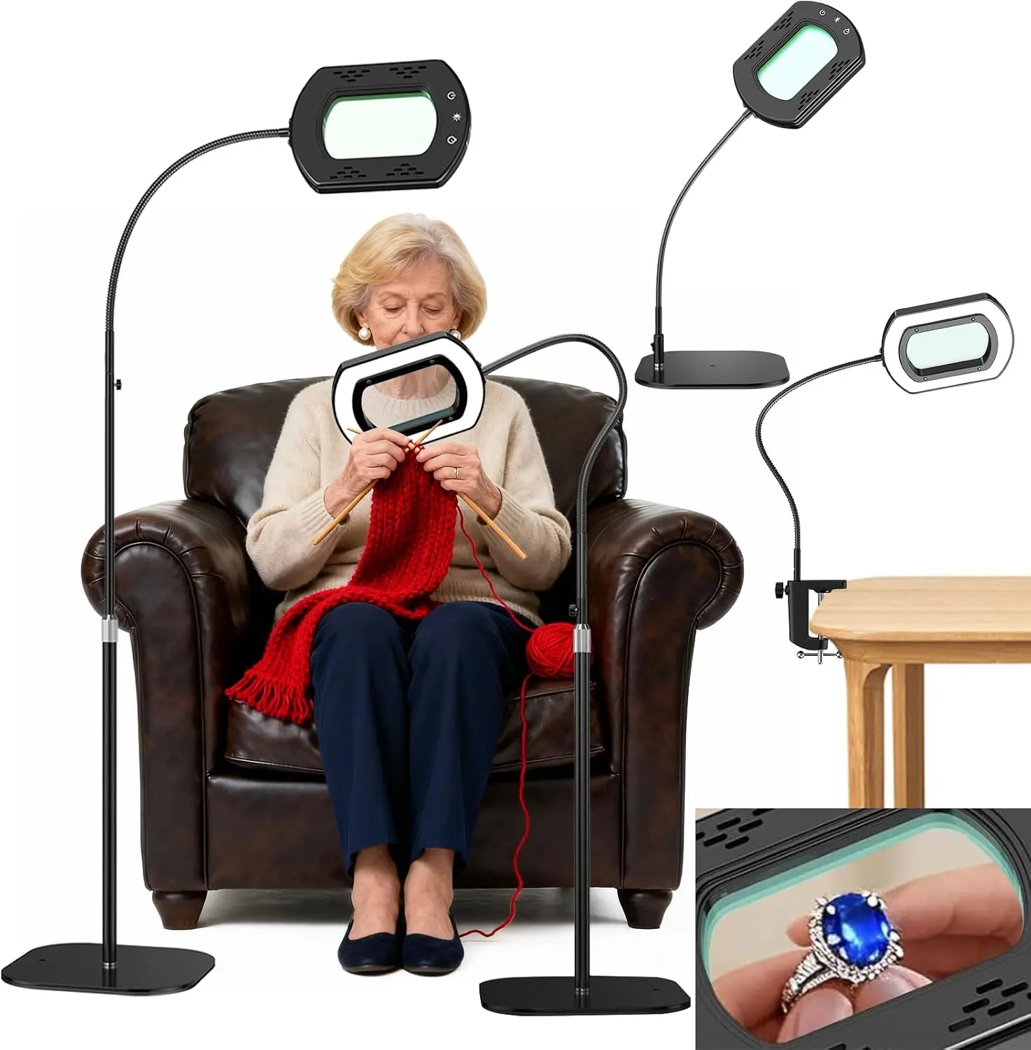 10X Rectangle Magnifying Glass With Light and Stand, Flexible Gooseneck 3-in-1 Floor Lamp, 5 Color Modes Stepless Dimmable, LED Lighted Hands Free Magnifier for Reading Crafts Painting Close Work