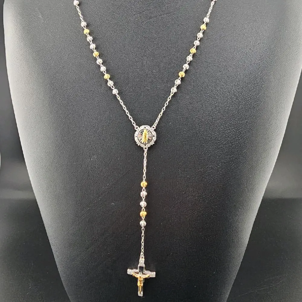 Silver Moissanite rosary , 18-in Everyday Wear Catholic Prayer Bead Necklace