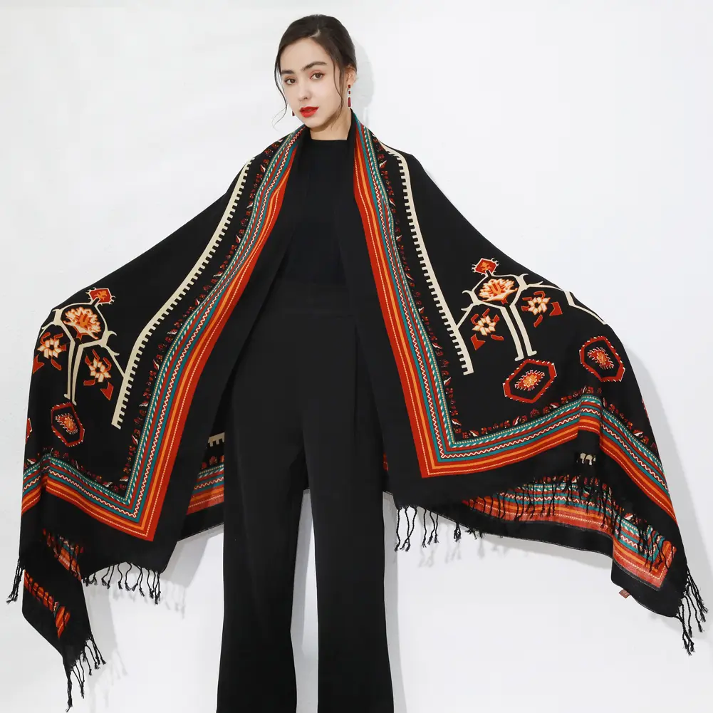 DANA XU 100% Merino Wool Extra Large Pashmina Blanket Travel Scarf Cashmere Wrap for Women Fall Winter Oversize Shawl Floral