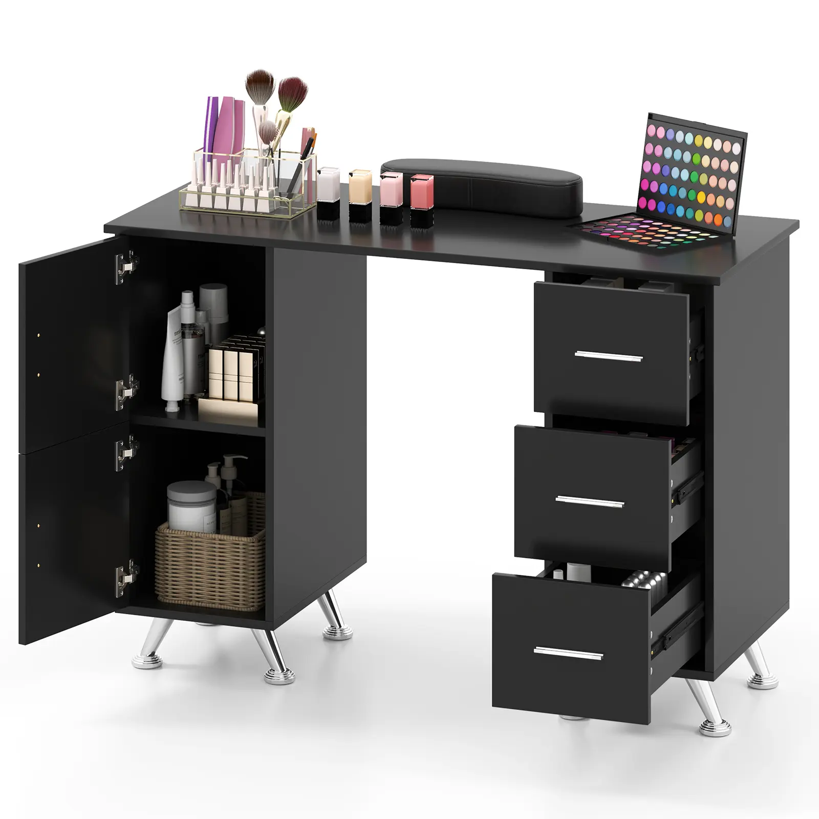 COSTWAY - Wooden Manicure Table Nail Desk with Drawers Wrist Rest-Black